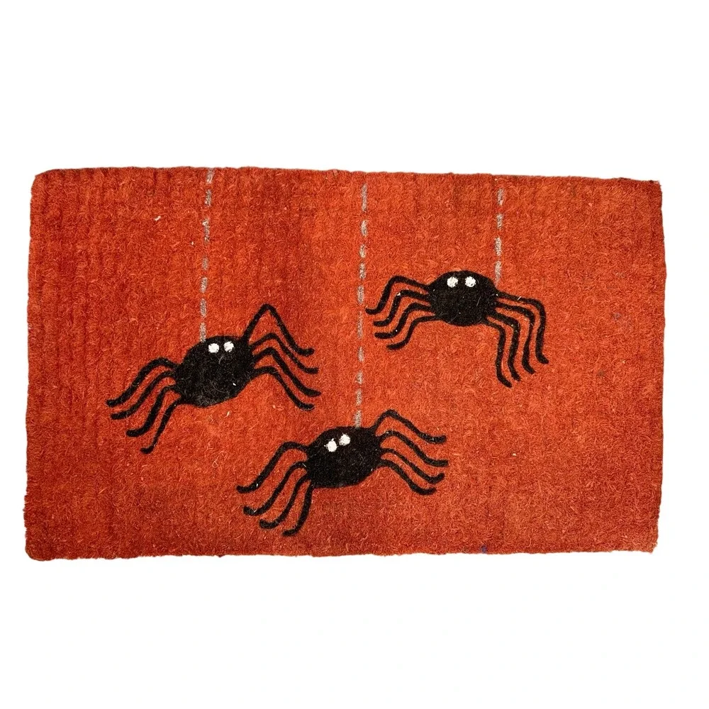 NEW Crate & Barrel Halloween‎ Doormat NWT Three Spiders Coir 18x30 Orange Black